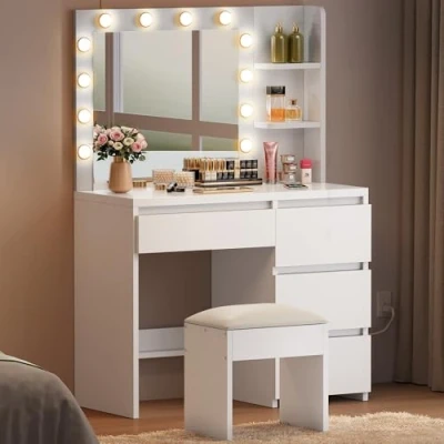 Bild av YITAHOME sminkbord med belysning, Dressing Table spegel, pall, 3 färger justerbar ljusstyrka, toalettbord 4 lådor, öppna fack, Vanity Table, vitt
