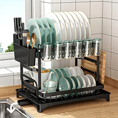 Bild av Frasheng 2 vånings diskavlopp, disktork, automatisk dränering, diskställ med mugghållare, hållare för skärbräda, bestickhållare och dräneringsbräda, svart