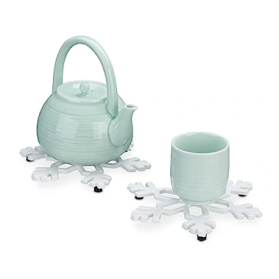 Bild av Relaxdays Grytunderlägg snöflinga set om 2, HBT: 1,5 x 18 cm, underlägg, för tekanna och panna, gjutjärn, vit
