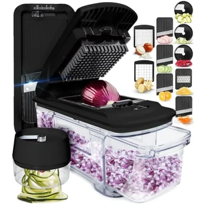 Bild av Allt i ett Grönsakshackare Skärare Mandolin Skivare Spiralizer Matlöksallad med Behållare Pommes Frites Potatishackare Köksprylar (Allt 1 Svart)