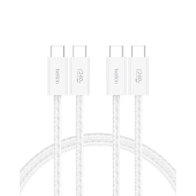 Bild av Belkin 2 Pack Flätad Kabel för USB C till C, 1.5 m, 240 W Mjuk, flexibel snabbladdningskabel, laddningskabel Type iPhone 15 och 16 serien, Galaxy S25, Pixel 9, iPad Pro, m.fl. Vit