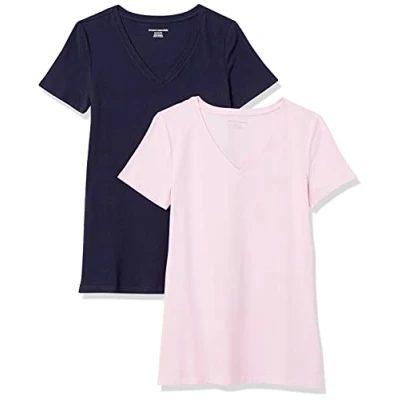 Bild av Amazon Essentials dam klassisk passform kortärmad v ringad t shirt, paket med 2, marinblå/ljusrosa, X Small