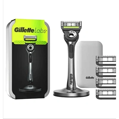 Bild av Gillette Labs Men&#039;s Razor + 5 Blade Refills with Exfoliating Bar, Includes Premium Magnetic Stand &amp; Travel Case