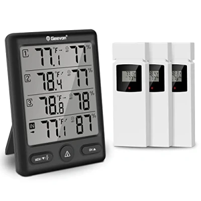 Bild av Geevon Trådlös termometer för inomhusbruk, utomhus med 3 fjärrkontrollsensorer, termometer, hygrometer, fukt digital, temperatur och luftfuktighetsmätare 200 FT/60 m räckvidd (svart)