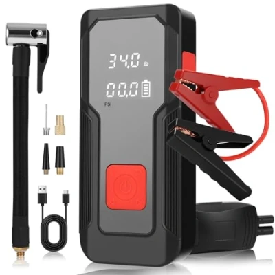 Bild av starthjälp powerbank för bil, 5 i 1 bil 150 PSI 2000A toppström all bensin och 10,0 l dieselmotor 8 000 mAh 15 V Jump Starter bärbar LCD skärm LED ficklampa