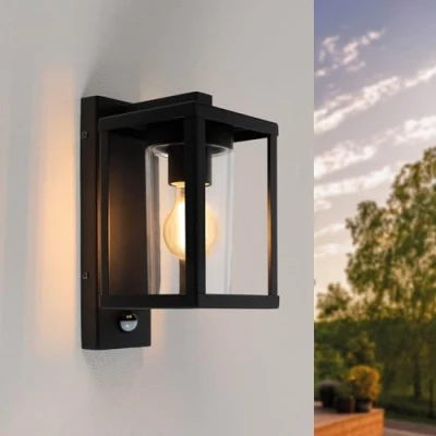 Bild av Ledvion LED vägglampa med sensor, E27 sockel, IP44, svart och fyrkantig, utomhu, utomhusbelysning