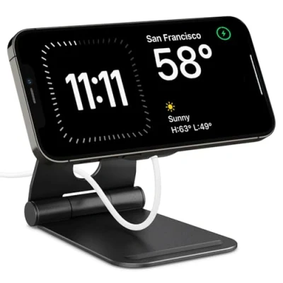 Bild av Spigen Mag Fit S Stand Holder Tillverkad av Aluminium Justerbar Kompatibel med MagSafe Laddningsstation 2020 2023, iPhone Series 16/15/14/13/12, AirPods 4 (2024), Pro 1/2 och 3 Svart