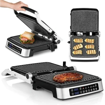 Bild av ZEEGMA Elektrisk grill och brödrost 2100 W, avtagbara värmeplattor, 2 i 1, 180 öppningsbar, non stick ILAG plattor, droppbricka, ljudmeddelanden, timer (Silver)