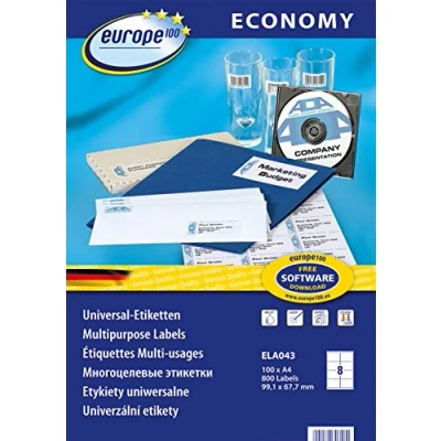 Bild av Europe100 Art. ELA043 Universella etiketter (800 självhäftande etiketter, 99,1 x 67,7 mm på A4, matt papper, individuellt tryckbara fraktetiketter, fraktklistermärken) 100 ark, vit