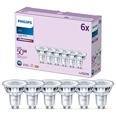 Bild av Philips LED Classic spotlight multipack: 4,6W (50W), GU10, Kallvitt 4000 Kelvin, Klart glas, 390 lumen, Ej dimbar, 15000 timmar livslängd, 6 pack