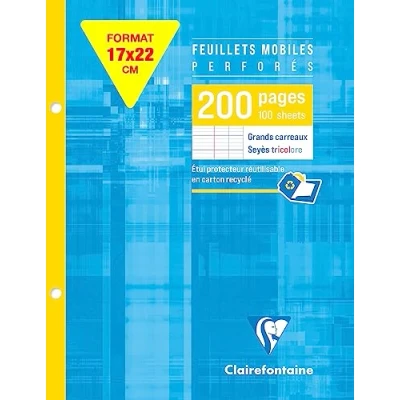 Bild av Clairefontaine Enkelark, 17 x 22 cm, stansad med 2 hål, fyrkantig 5/5 linjerad vit, förpackning 100 ark