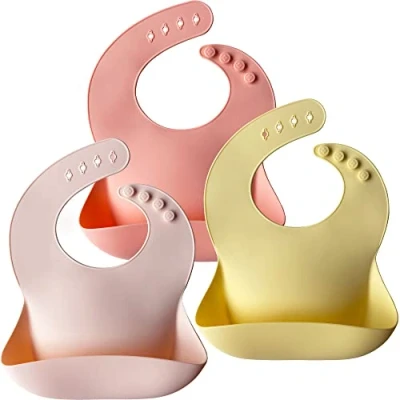 Bild av Moonkie Babyhaklappar 3 Pack Silikonhaklappar Vattentät Haklapp med Uppsamlingsbricka Mjuka och Hudvänliga Justerbar Tvättbara för Pojkar Flickor(Rosa/Gul/Mjukt rosa)
