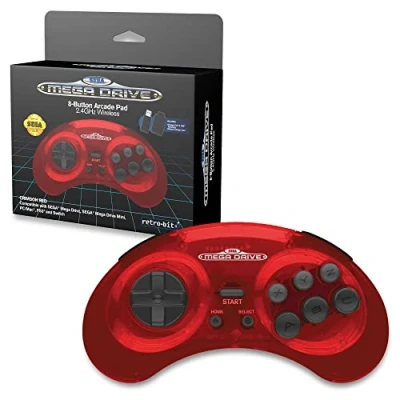 Bild av Retro Bit Sega Mega Drive 2.4 GHz Wireless Controller 8 Button Arcade Pad for Genesis Original/Mini, Switch, PC, Mac Includes 2 Receivers &amp; Storage Case (Crimson Red) (Nintendo Switch/)