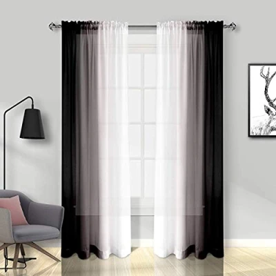Bild av Melodieux svarta ombre genomskinliga gardiner gradient stav fickvoiles, 142 x 228 cm, 2 paneler
