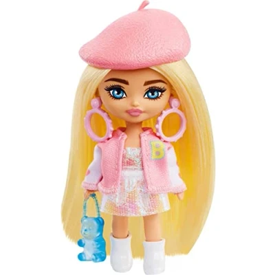 Bild av Barbie docka, Extra Mini Minis, blond docka med hårspänne och collegejacka, handväska i form av gummibjörn, barnleksaker, kläder accessoarer, HLN48