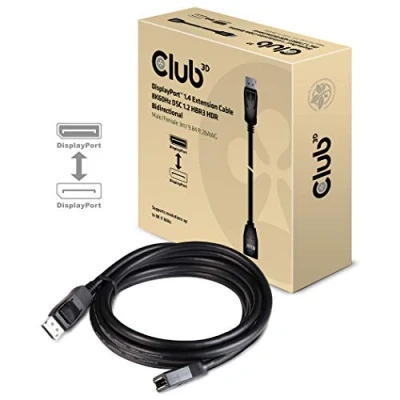 Bild av Club 3D DisplayPort 1.4 förlängningskabel 8K60Hz DSC1.2 HBR3 HDR dubbelriktad kontakt/uttag 3 m