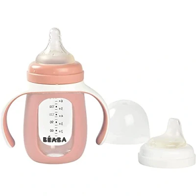 Bild av BÉABA, Mugg/nappflaska för inlärning 2 i 1, av glas, silikonhölje, solid, hälsosam, 100% vattentät, avtagbara handtag, 210 ml, rosa