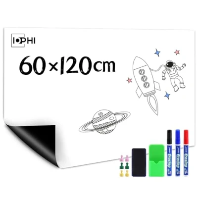 Bild av iophi whiteboard magnetisk folie 60 x 120 cm, magnetfolie självhäftande starkt avtorkbar tavla vit, inklusive märkpennor och svampmagneter, passar kontor hem kylskåp etc