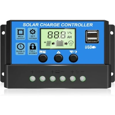 Bild av [2020 uppgraderad] Solladdningsstyrenhet, svart solpanelbatteri intelligent regulator med dubbel USB port 12 V/24 V PWM automatisk paremeter justerbar LCD skärm (blå 30 a)
