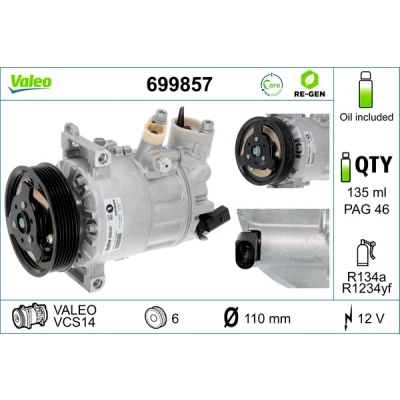 Bild av VALEO 699857 compresseur De Climatisation VCS14 12 PAG 46 R 134a, 1234yf avec huile ECHANGE STANDARD VOLKSWAGEN: Caddy 3