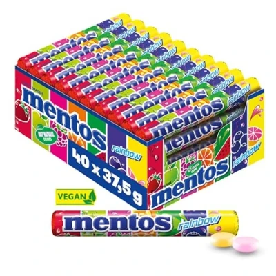 Bild av Mentos Rainbow Dragees, fruktgodis med smak av apelsin, jordgubb, äpple, blåbär, hallon, melon och grapefrukt, multipack (40 rullar à 37,5 g vardera)