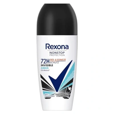 Bild av Rexona Nonstop Protection deodorant Roll On Osynlig Aqua Anti Perspirant med 72 timmars och svettskydd mot vita rester gula fläckar på kläder 50 ml