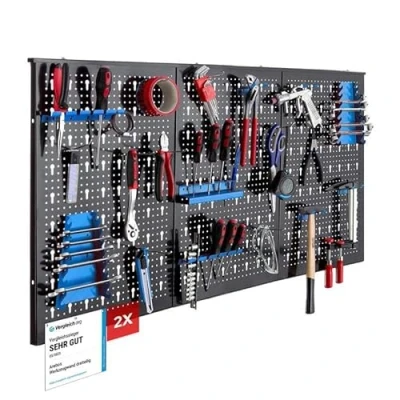 Bild av Arebos Verktygstavla Väggmonterad 6 delars Set 34 Krokar &amp; Hållare 235,2x59,5 cm Perforerad Metallpanel för Verkstad Inkl. Monteringsmaterial Röd