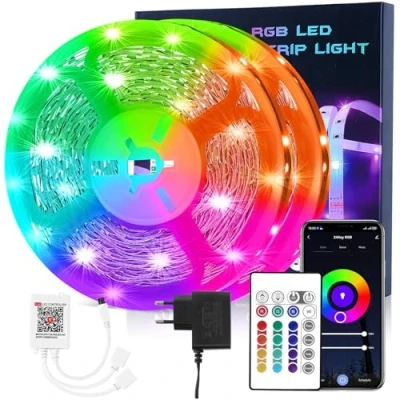 Bild av HOVVIDA LED remsa 20 m WiFi, kompatibel med Alexa och Google Home, 30 lysdioder/meter, 24 V RGB remsor, 600 lysdioder, app fjärrkontroll, musikläge, för rum, kök, sovrum, bar, fest