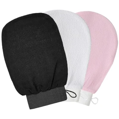 Bild av 3 stycken exfolierande handskar, tvätthandske kropp duschhandske massage peeling handskar för och ansikte svart, rosa, vit