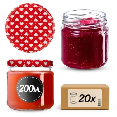 Bild av Kadax små glasburkar 200 ml, syltburkar, fi66 mm, miniglas för honung och kryddor, lufttäta burkar, konserveringsglas, konserveringsburkar, runda glas (20 stycken, hjärta)