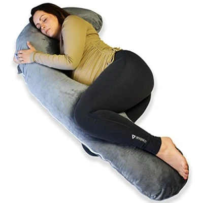 Bild av Ella Gravidkudde XXL J Form Sovkudde på sidan Kroppskudde Amningskudde 155x80cm Avtagbart jersey minky fleece överdrag Ljusgrå