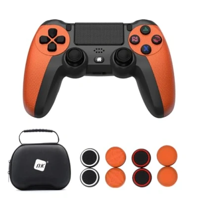 Bild av NK Pack PS4 / PS3 Trådlös PC/Mobiltelefon Controller, Dualshock, 6 axlar, Pekpanel, Hörlursingång, Laddningskabel, 8 x Joystick Grips, Kontrollfodral Orange
