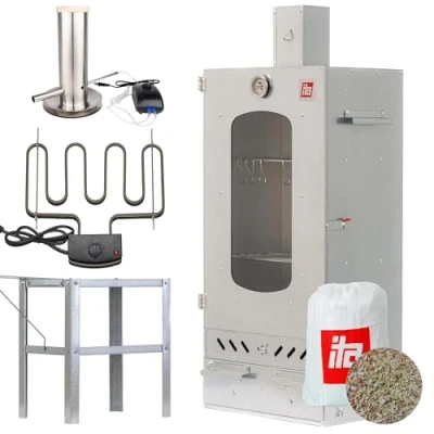 Bild av ITA Rökugn 7012 Smokerset med rökgenerator, värmeelement, bord och rökflis rökskåp 3 våningar legerat stål, visningsfönster skorstensuttag