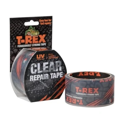Bild av T Rex Tape Ferociously Strong Clear Reparationstejp, 48 mm x 8,2 m lätt att riva för hand och den fäster på våta ytor i alla väder är UV beständig