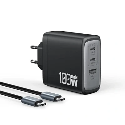 Bild av OUFUYU USB C laddare 100W GAN 3 portar, snabbladdare, adapter för MacBook Pro/Air, Google Pixelbook, Think Pad, DELL XPS, iPad, i Phone 15/14, Samsung S24/23, surfplatta, med kabel 1,8 m, svart