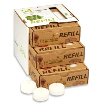 Bild av Smart Planet Candelo Set om 54 Refill Eco ljusatmosfär värmeljus utan fodral för påfyllning vaxämnen vit plastfri doft 6 timmar brinntid