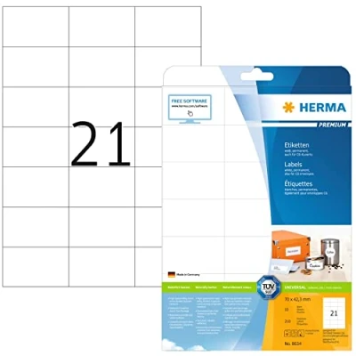 Bild av HERMA 8634 universella etiketter A4 (70 x 42,3 mm, 10 ark, papper, matt) självhäftande, utskrivbara, permanenta adressetiketter, 210 klistermärken, vit