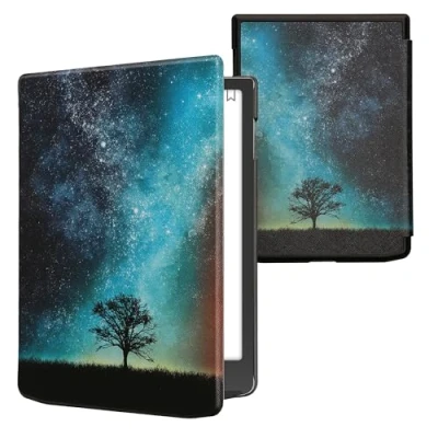Bild av kwmobile Fällbart fodral kompatibelt med Pocketbook InkPad 4/Color 3/Color 2/Vivlio 4/InkPad Color 3 eReader Case galax träd äng blå grå svart