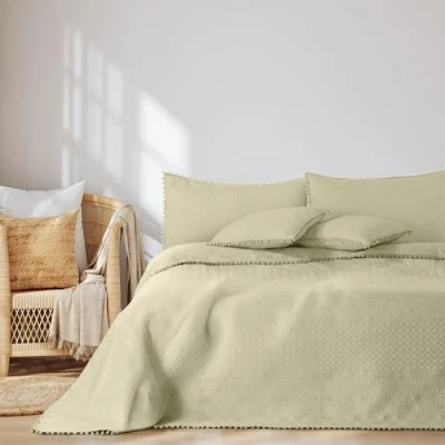 Bild av AmeliaHome överkast med pompoms 170 x 270 cm sängöverkast dubbelsidig Ultrasonic quiltning polyester Meadore beige