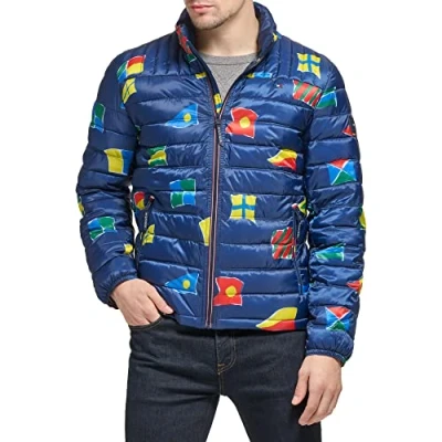 Bild av Tommy Hilfiger Herren Ultra Loft Leichte Verstaubare Pufferjacka (Standard und Gro Hoch) Daunenalternative Mantel, flagga färgblock, M