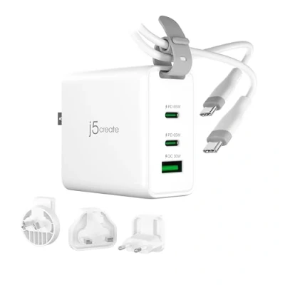 Bild av j5create USB C 3 port 65W GaN laddare med UK/EU/US/AU resekontaktadapter och laddningskabel, kompatibel MacBook Pro/Air, iPhone 16/15, iPad, Galaxy S24 (JUP3565CV)