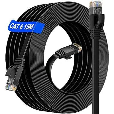 Bild av 15m Cat 6 LAN kabel 15 meter tunn, platt nätverkskabel 15m, lång Ethernet antioxidation (15 fria klämmor), 10/1000 Mbit/s snabbare än Cat5/Cat 5E/False Cat7, för router/spel/modem