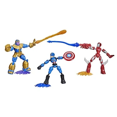 Bild av Marvel Avengers Bend and Flex, 3 pack flexibla figurer med Iron Man, Captain America och Thanos, innehåller 9 tillbehör