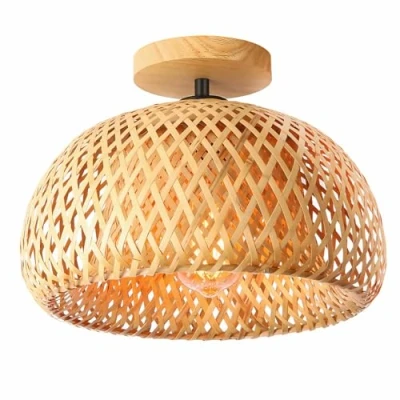 Bild av Schindora Bamboo Taklampa, Rotting Halv Infälld Handgjorda Boho Rattan Lampar, Bondgårdslampor för sovrum plantskola Hall Korridor Passway