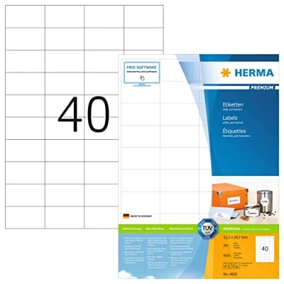 Bild av HERMA 4610 universella etiketter A4 små (52,5 x 29,7 mm, 200 ark, papper, matt) självhäftande, utskrivbara, permanenta adressetiketter, 8 000 klistermärken, vit
