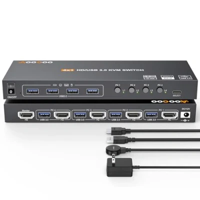 Bild av HDMI KVM switch 4K @ 60 Hz/2K 120 Hz, för 4 datorer som delar 1 bildskärm och USB 3.0 enheter, trådbunden fjärrkontroll kabel ingår