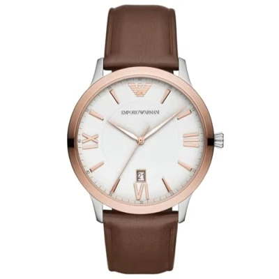 Bild av Emporio Armani analog kvartsur för män, Brun, Klockans stil verkar vara en &quot;klänning&quot; klocka. produktdetaljer föreslår minimalistisk, elegant design med matt vit urtavla, roséguldtonade stickindex och