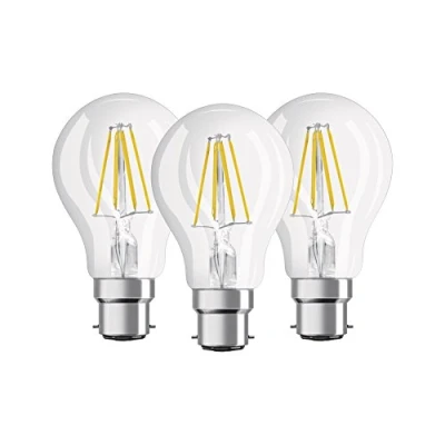 Bild av Osram LED Base Classic A lampa, i kolvform med B22d sockel, icke dimbar, ersätter 60 watt, glödtrådstil klar, varm vit 2700 Kelvin, 3 pack