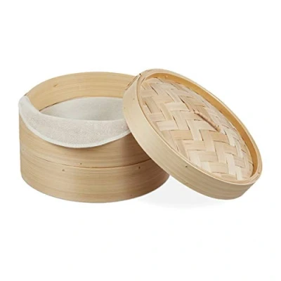 Bild av Relaxdays 10027851 Ångkorg av bambu, 2 nivåer, för ris, dim sum, grönsaker, fisk, ekologisk, asiatisk mat, naturlig, bomull, papper (18 x 25 cm)