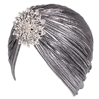 Bild av EORUBE Vintage turbanhatt med kristallbrosch fjäder turban huvudbonader för 1920 talet Gatsby kostym cocktailparty, Broschstil 1 silver, one size